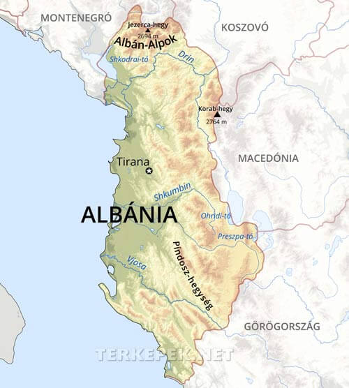 Albánia domborzati térképe